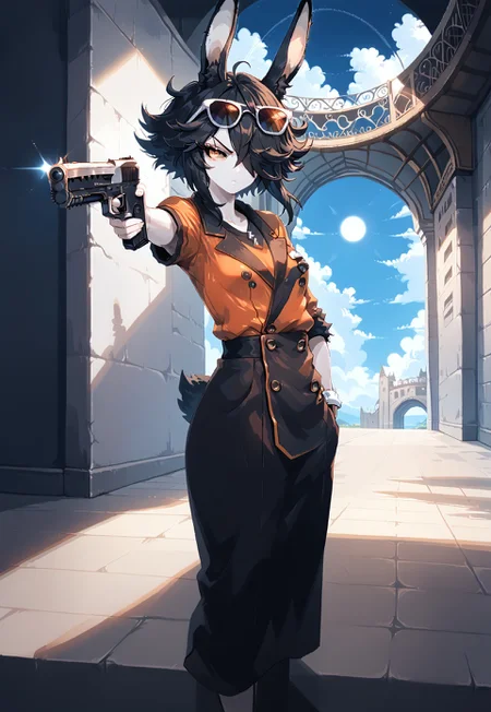 safe_pos, score_9, score_8_up, score_7_up,itzah,
BREAK,rabbit girl,monster girl,dark sclera,(flat breasts),mature woman,serious expression,short black hair,hair over eye,messy hair,(black fluffy rabbit ears:1.3),(pale skin),orange eyes,rectangular sunglasses,(double-breasted suits),,front angle,mansion scenery,indoors,hallway,(imposing vibes),night time,dynamic lightning,(slender figure),holding weapon, holding gun, handgun, hand in pocket, aiming