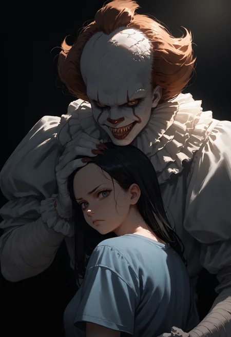 score_9, score_8_up, score_7_up, score_6_up, 1boy, monster, white costume, dark background, backlighting, silhouette, sharp teeth,
1girl, upper body, black hair, blue t-shirt, behind another,looking back, looking at viewer, evil, hand on head, sad, closed mouth,
<lora:pennywise_v0.6-pony:1>
<lora:dark_v1.9-pony:1>