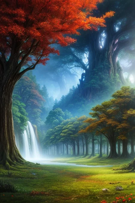 Surreal oil painting,
fantasy forest,
an expansive ancient forest, featuring towering oaks, diverse wildlife, a variety of flora, and a feeling of grandeur,forest lake,waterfalls,
glowwave,
dawn,
thunderstorm, and many small clouds, and slightly cloudy,,,
