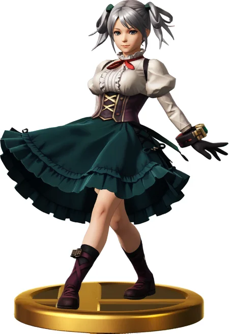 score_9, score_8_up, score_7_up, source_anime, solo
<lora:zs_SmashTrophiesXL:1> smashtrophies, faux figurine, 3d, full body, white background
<lora:CielGE-pdxl:1> defCiel, grey hair, short twintails, green hair ribbon, grey eyes, red neck ribbon, white shirt, medium breasts, center frills, juliet sleeves, black gloves, black bracelet, corset, underbust, green skirt, frilled skirt, thigh strap, standing, smile, hands behind back