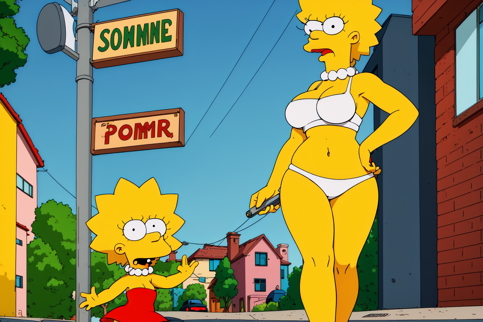 solo a woman with sexy body and outfit, blonde hair, walking in the sidewalk, EdobSimpsons  <lora:EdobSimpsons_v1.1:0.8>