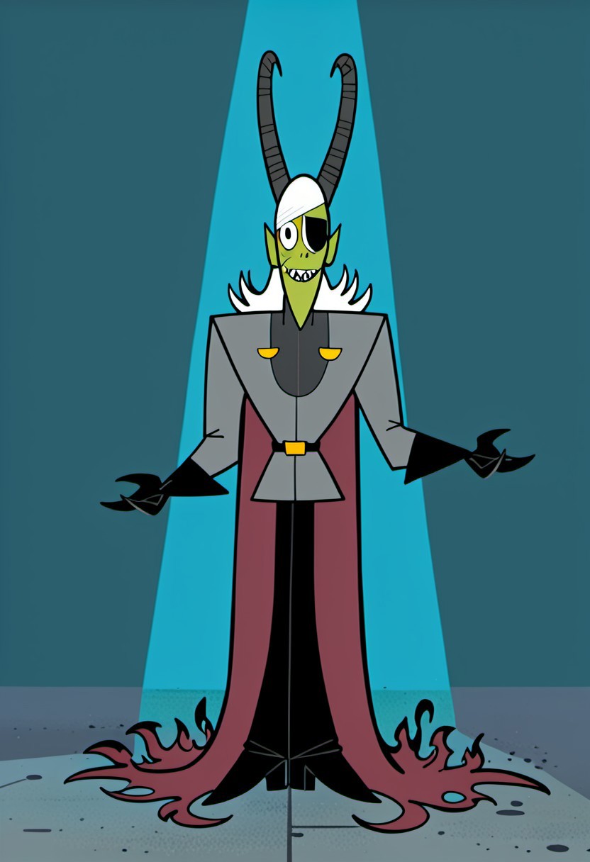 score_9, score_8_up, score_7_up, Solo, one character, front view, full body,
first  character, 1boy, adult, MrGreen, long thin head, point ears, point chin, green skin, long white hair, large gray ram-like horns, short nostril slits, sharp teeth, claws, eye-patch over right eye, dark gray tunic suit, flaming burgundy cape, black gloves, black pants, black shoes, black belt with golden buckle, black left eye, scar under right eye,