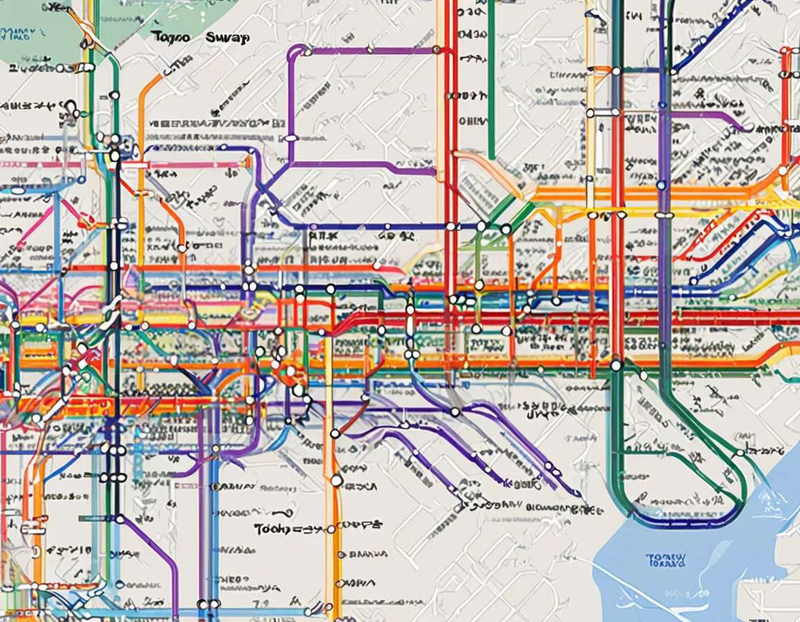 <lora:5ubw4ym4p_SDXL_SGX:1.0>illustration of a 5ubw4ym4p style map of the Tokyo subway system, with detailed representation of the subway lines and stations, within Tokyo and suburbs, thick straight lines color-coded, with different colors representing different types of lines and stations, such as red, blue, green, yellow, orange, and purple. simple white background, highly detailed, sharp focus
