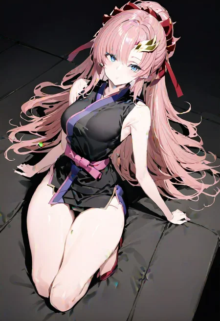 masterpiece, best quality, ultra-detailed, beautiful, nai3, 1girl, solo, full_body, tachi-e, 
lacus clyne, grey eyes, pink hair, long hair, bangs, hair ornament, japanese clothes, black sleeveless kimono, bare shoulders, red hair ribbon