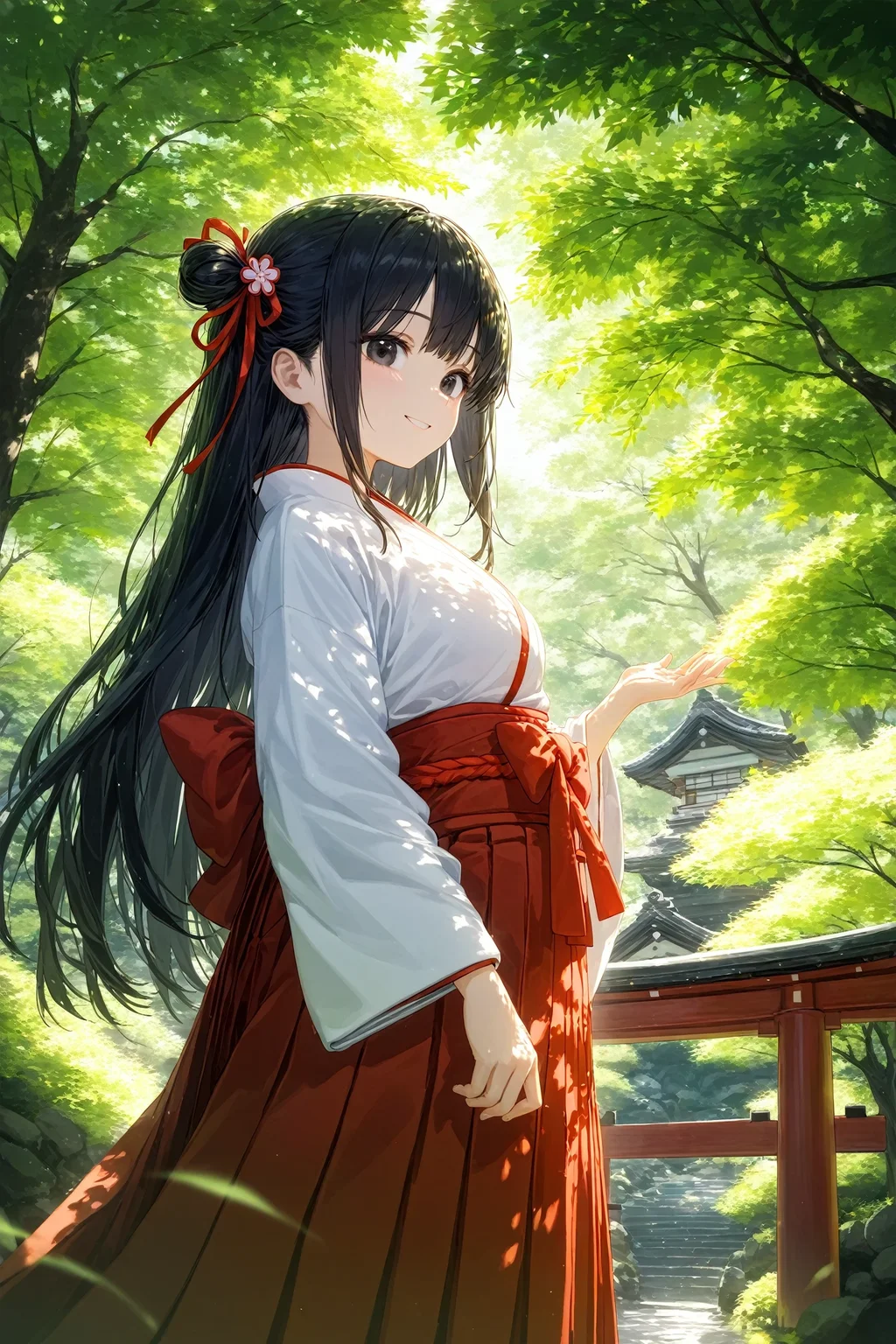 1girl, solo, outdoors, black eyes, black hair, dappled sunlight, from below, from side, hair ornament, hair ribbon, hakama, hakama skirt, japanese clothes, kimono, long hair, long sleeves, miko, red hakama, red ribbon, ribbon, scenery, skirt, smile, sunlight, white kimono, wide sleeves, masterpiece, best quality