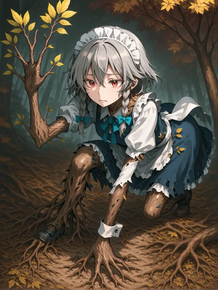 1girl,solo,(amaichi esora:0.8), (stu dts:0.7), (remsrar:0.6), (na tarapisu153:0.8), (fuya:0.7), (tempupupu:0.77), leaf,treetf,treetfbody, treetfroots , treetfbranches ,tree skin,torn clothes,izayoi sakuya ,touhou,red eyes,grey hair,hair between eyes,hair bow,braid,maid,maid headdress,puffy short sleeves,white apron,bow, blue bow ,bow tie,ribbon,blue dress,white shirt,wrist cuffs,collared shirt,frills,sweat,sweatdrop,frown , nature, dungeon, fullbody, face palm ,leaning forward, crawling , from above , trembling,autumn leaves ,masterpiece,best quality,amazing quality, <lora:treetf_05242_7084b1:1.6>