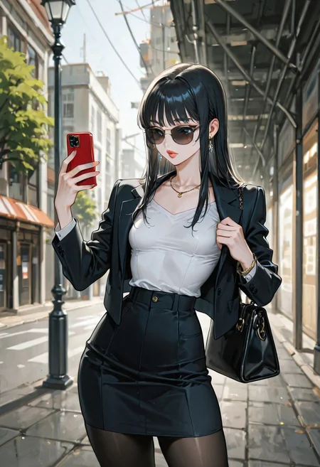 (detailed background:1.1), dynamic pose, (bloom, depth of field, vignetting:1.2), street, 1girl waiting to cross the street, lamppost,
BREAK
(1girl, solo), black hair, long hair, bangs, long sidelocks, sunglasses, thick lips, standing, holding phone, looking at phone, smartphone, handbag,
BREAK
office lady, suit, white shirt, suit jacket, black jacket, tight skirth, black pantyhose, necklace, earrings,
BREAK
small breasts, pointy breasts, (skinny, narrow waist:1.2), (thick thighs:1.2), (hip dips:1.1),
<lora:SOS_Style_-_Illustrious:1>