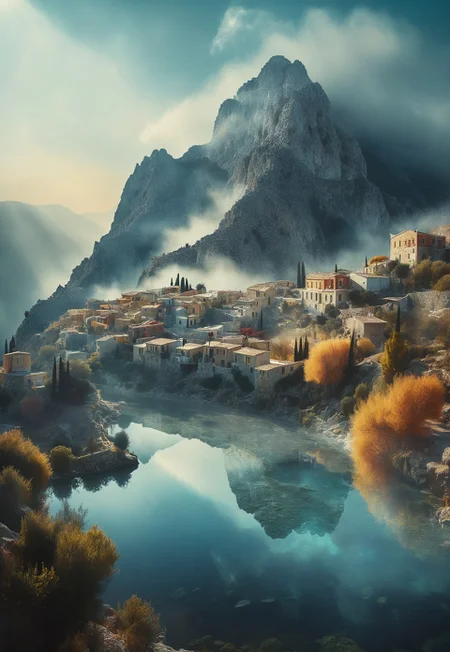 their peaks veiled in mist. mixed media, surrealism, great lighting, A surreal landscape highly detailed . extremely high-resolution details, appears trapped in an optical illusion of reflections and refractions colorful , mountains and village in Ancient Greece , professional photography, natural lighting, volumetric lighting maximalist. intricately detailed, complex, elegant, expansive, fantastical, film photography style, medium grain
(8k uhd:1,4)
(((full-clothed))),
<lora:add-detail-xl:1>
<lora:Dynamic Poses:1>