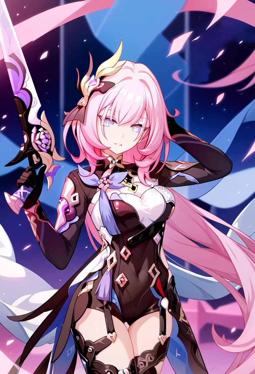 score_9_up, score_8_up, score_7_up, extreamly detailed, beautiful detailed face, complex detailed background, 1girl, BREAK, 
ELYSIA (HONKAI IMPACT), latex suit, holding weapon, weapon