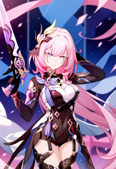 score_9_up, score_8_up, score_7_up, extreamly detailed, beautiful detailed face, complex detailed background, 1girl, BREAK,
ELYSIA (HONKAI IMPACT), latex suit, holding weapon, weapon