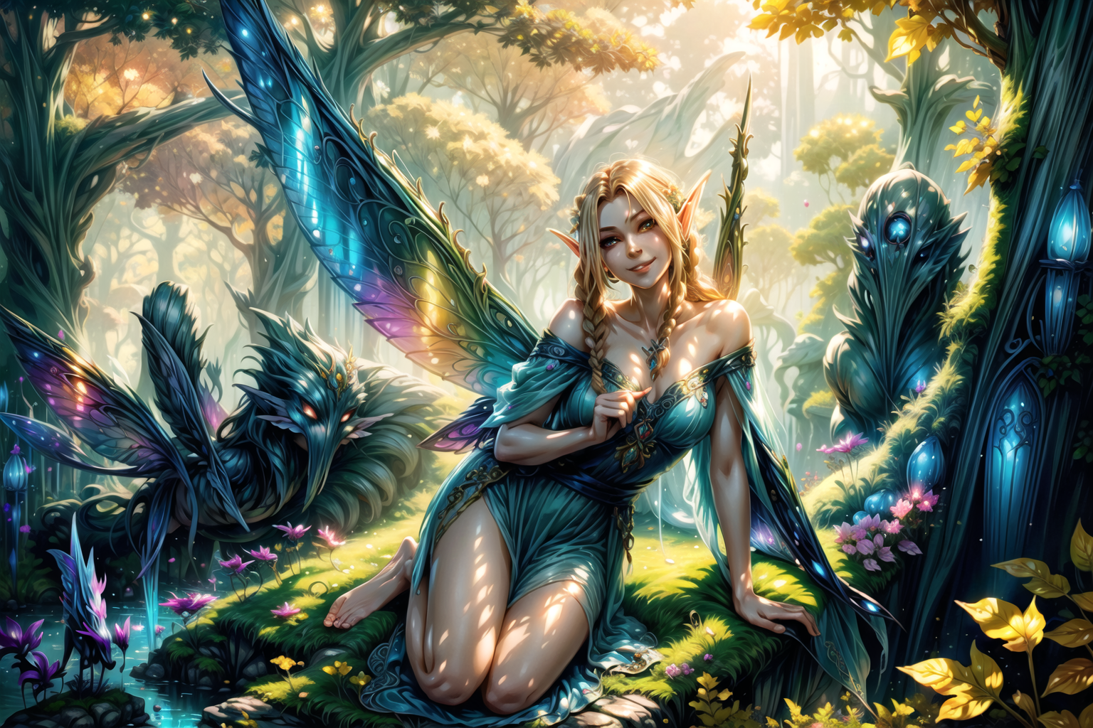 <lora:FeyAndFairies:1> FeyFa, sinister fantasy, scene, forest, river, shrine, sun rays, <lora:Fairy:1> fairy, wings, long hair, pointy ears, bare legs, barefoot, sheer dress, off shoulder, smile, braid, best quality, masterpiece, <lora:more_details:0.65>, 1girl, solo