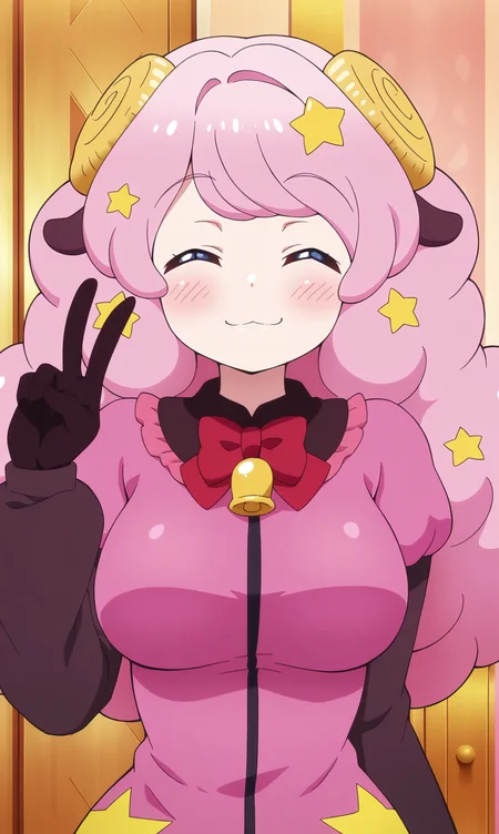 masterpiece, best quality, curvy, beautiful eyes, zzmoa, 1girl, solo, closed eyes, pink hair, hair ornament, closed mouth, smile, facing viewer, gloves, star hair ornament, bell, star \(symbol\), red bow, long hair, bow, v, black gloves, upper body, breasts, long sleeves, ^_^, bowtie, :3, red bowtie, shirt, sheep ears, puffy sleeves, blush, medium breasts, animal ears, virtual youtuber, short sleeves, sheep horns, neck bell, arm up, hand up