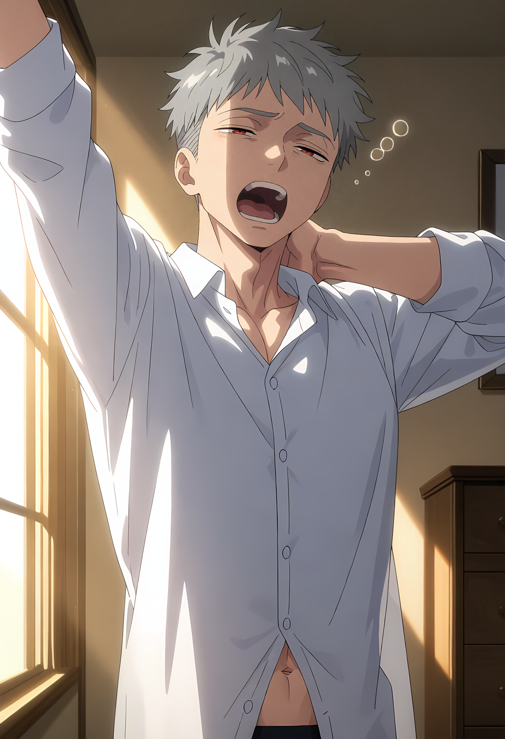 <lora:Fujimoto_Shiro_Blue_Exorcist__Ao_No_Exorcist__éã®ç¥é­å¸«_v2_NAI:1>,
anime screenshot,
fsh1r0,grey hair,red eyes,1boy,male focus,solo,white collared shirt,open mouth,yawning,sleepy,outstretched arm,arm up,hand on own neck,upper body,navel peek,abs peek,bedroom,window,sunlight,window shadow,morning,masterpiece,best quality,amazing quality,absurdres,highres