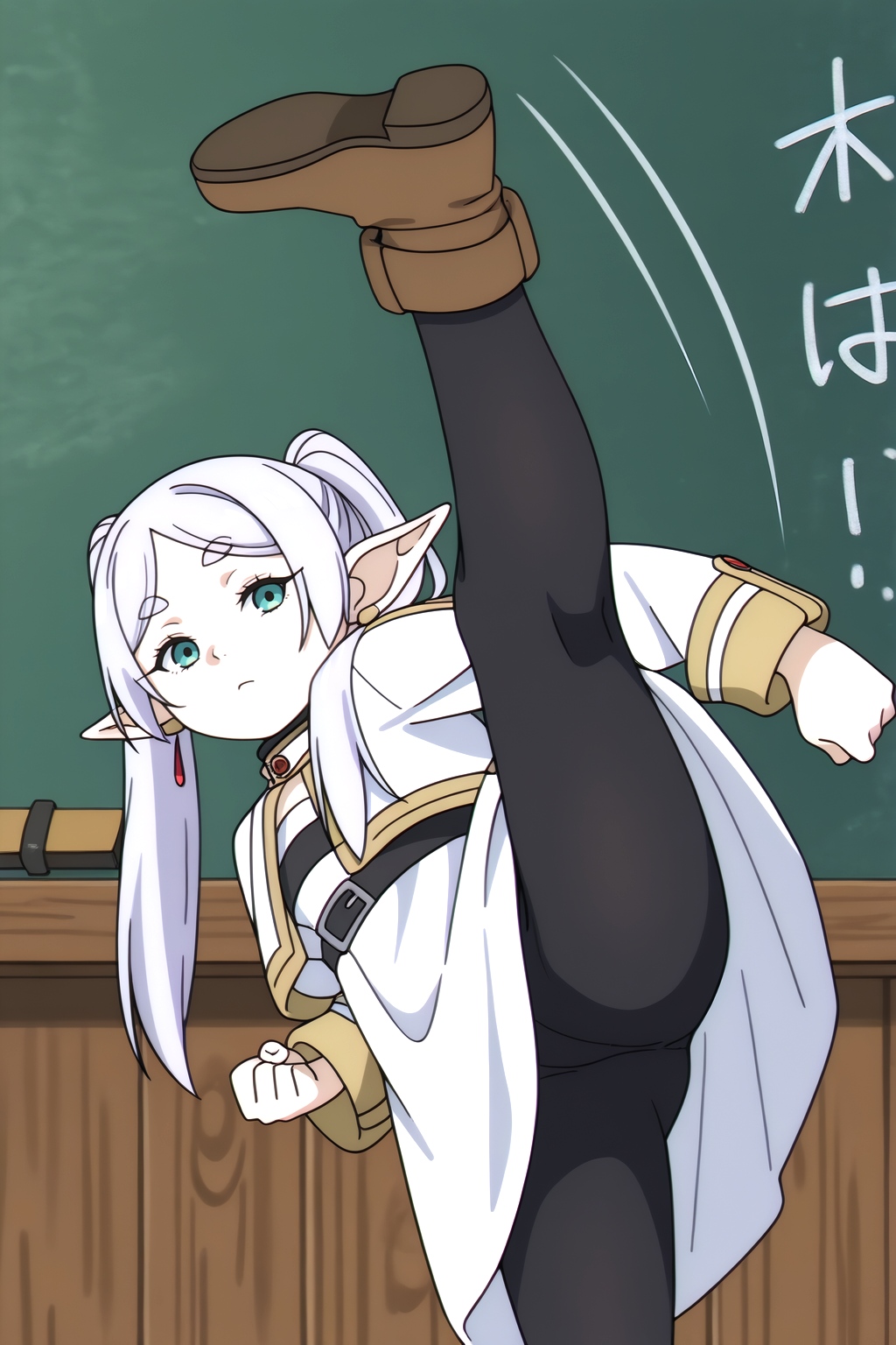 <lora:Frieren:0.8> Frieren, rating safe, solo, looking at viewer, standing, pantyhose, standing on one leg, kicking, chalkboard, high kick