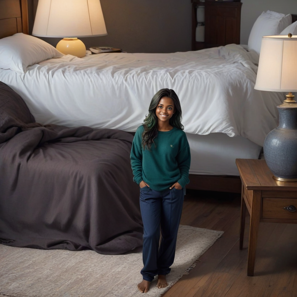 photorealistic illustration, magnificent, epic, majestic, dreamy, green hair, (dark skin), long straight hair, one  (shrunken, miniature:1.6) woman, green eyes ,35-year-old mature, fit, oversized baggy sweater, loose baggy pants, bedroom background, ((standing on top of bed|desk)), wood floors, curtains, window, wood chair, messy room, pillows, lamp,  (mischievous smile),  <lora:shrunk_v1_xl_64:0.5>