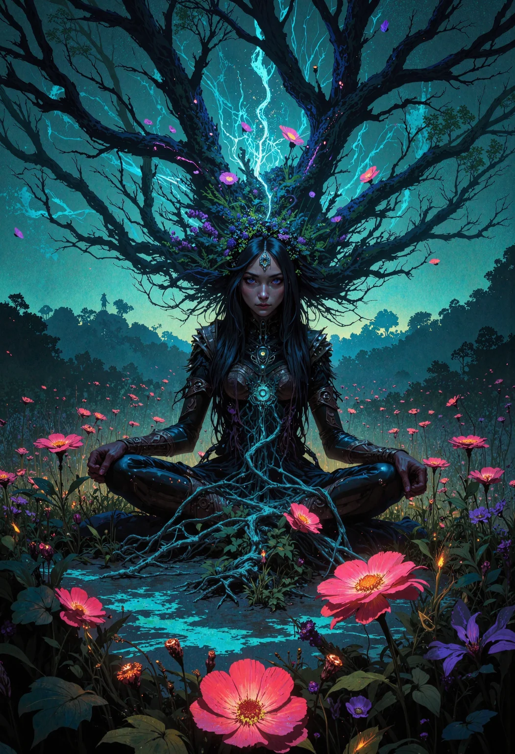 masterpiece, high-quality, A mystical woman sits cross-legged in a field of bioluminescent flowers, her long hair cascading into the earth and transforming into sprawling roots that twist and wind to form glowing forests and rivers. The camera frames her in a low, wide-angle view, capturing the surreal transformation of her hair into intricate landscapes that stretch into the hazy, dreamlike horizon. Tiny glowing insects flutter around her, their faint trails adding motion to the tranquil, hyperdetailed setting. Her serene gaze and the organic flow of the scene evoke a sense of vastness and interconnected beauty., <lora:FLUX\FLUX-daubrez-DB4RZ:0.3> <lora:FLUX\Anime v1.3:0.5> <lora:FLUX\DarksunRiddV4:0.6> <lora:FLUX\ArcaneFGTNR:0.5>
