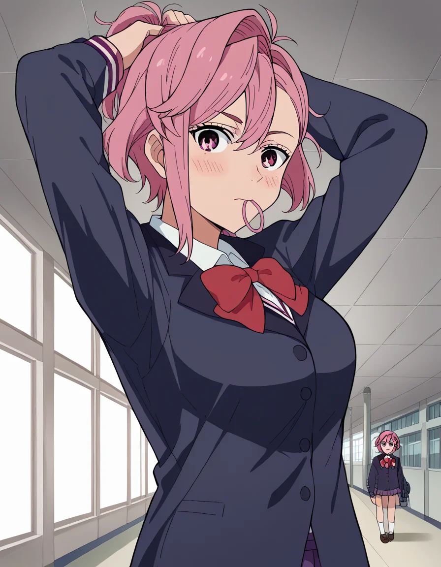 score_9, score_8_up, score_7_up, source_anime, <lora:aira-shiratori-alpha-ponyxl-lora-nochekaiser:1>, aira shiratori, short hair, bangs, hair between eyes, pink hair, pink eyes, medium breasts, shirt, long sleeves, bow, school uniform, jacket, white shirt, collared shirt, bowtie, red bow, black jacket, red bowtie, skirt, pleated skirt, purple skirt, miniskirt, airport, planes, passengers, terminal, security, , <lora:hair-tie-in-mouth-ponyxl-lora-nochekaiser:1>, hair tie in mouth, hair tie, mouth hold, rubber band, blush, tying hair, adjusting hair, hands in hair, arms up, arms behind head, ponytail, hand in own hair, hair lift, cowboy shot, looking at viewer, looking at viewer, solo,, dutch angle, cowboy shot