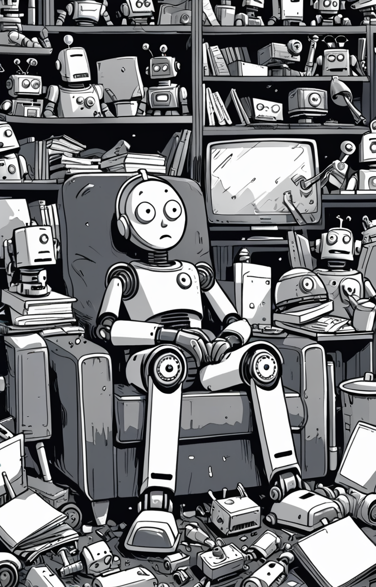 masterpiece,best quality,<lora:tbh373-sdxl:0.6>,illustration,style of exhausted people ,greyscale and white,comic portrait of Housework robots