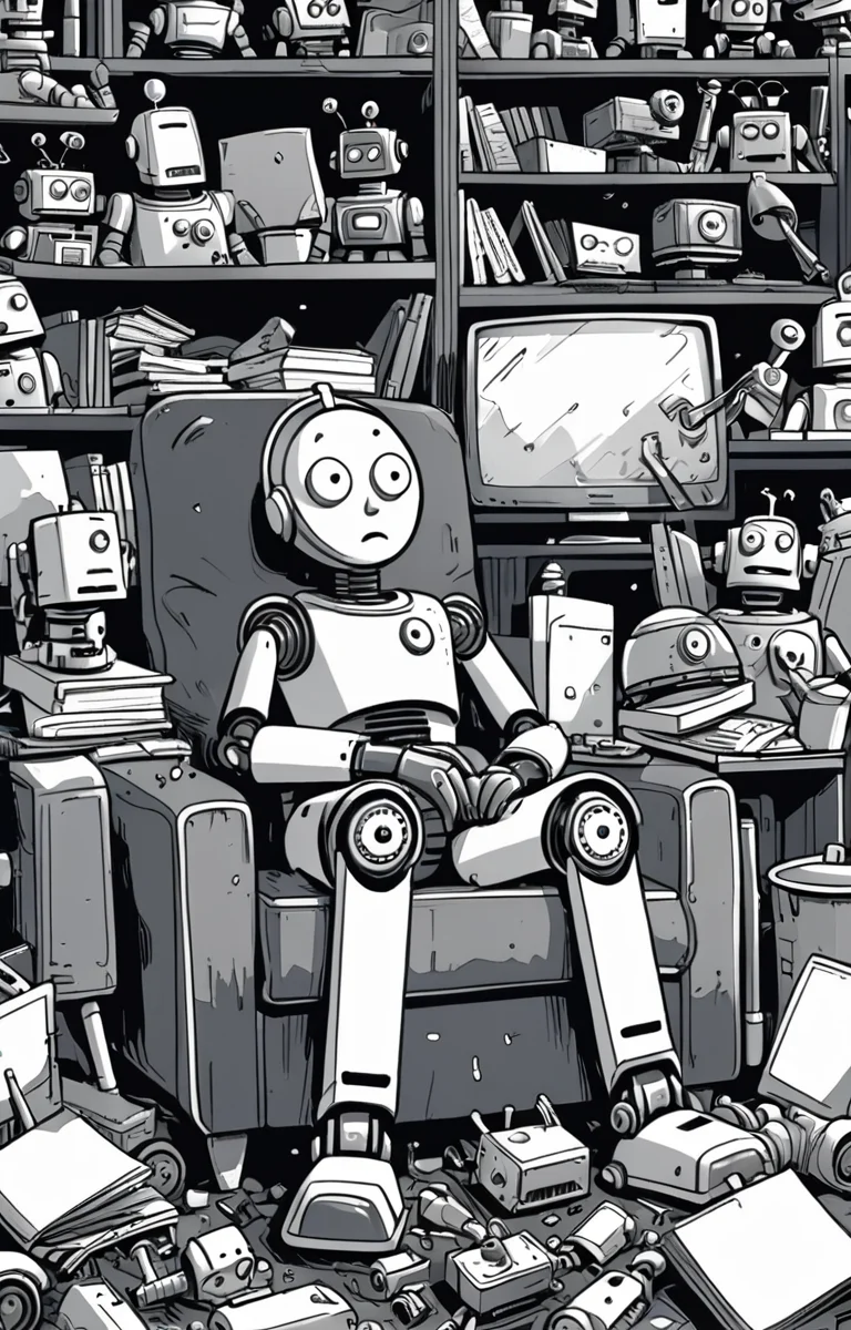 masterpiece,best quality,<lora:tbh373-sdxl:0.6>,illustration,style of exhausted people ,greyscale and white,comic portrait of Housework robots