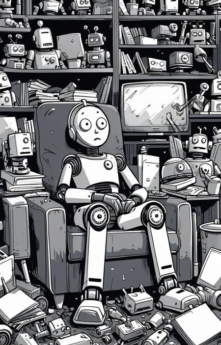 masterpiece,best quality,<lora:tbh373-sdxl:0.6>,illustration,style of exhausted people ,greyscale and white,comic portrait of Housework robots