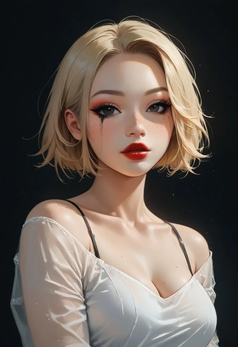 score_9, score_8_up, score_7_up, pinup pose, Expressiveh, one girl, asian, pornostar, short, slim, cute face, blonde hair, bob cut, short hair, havy makeup, black eyes, plump lips, freckles, upturned nose, perfect breasts, silicone, red lipstick, fair skin, (sheer white top), (((close up, cowboy shot, portrait))), sexy pose, dark background, g0thicPXL, glowing, neon,