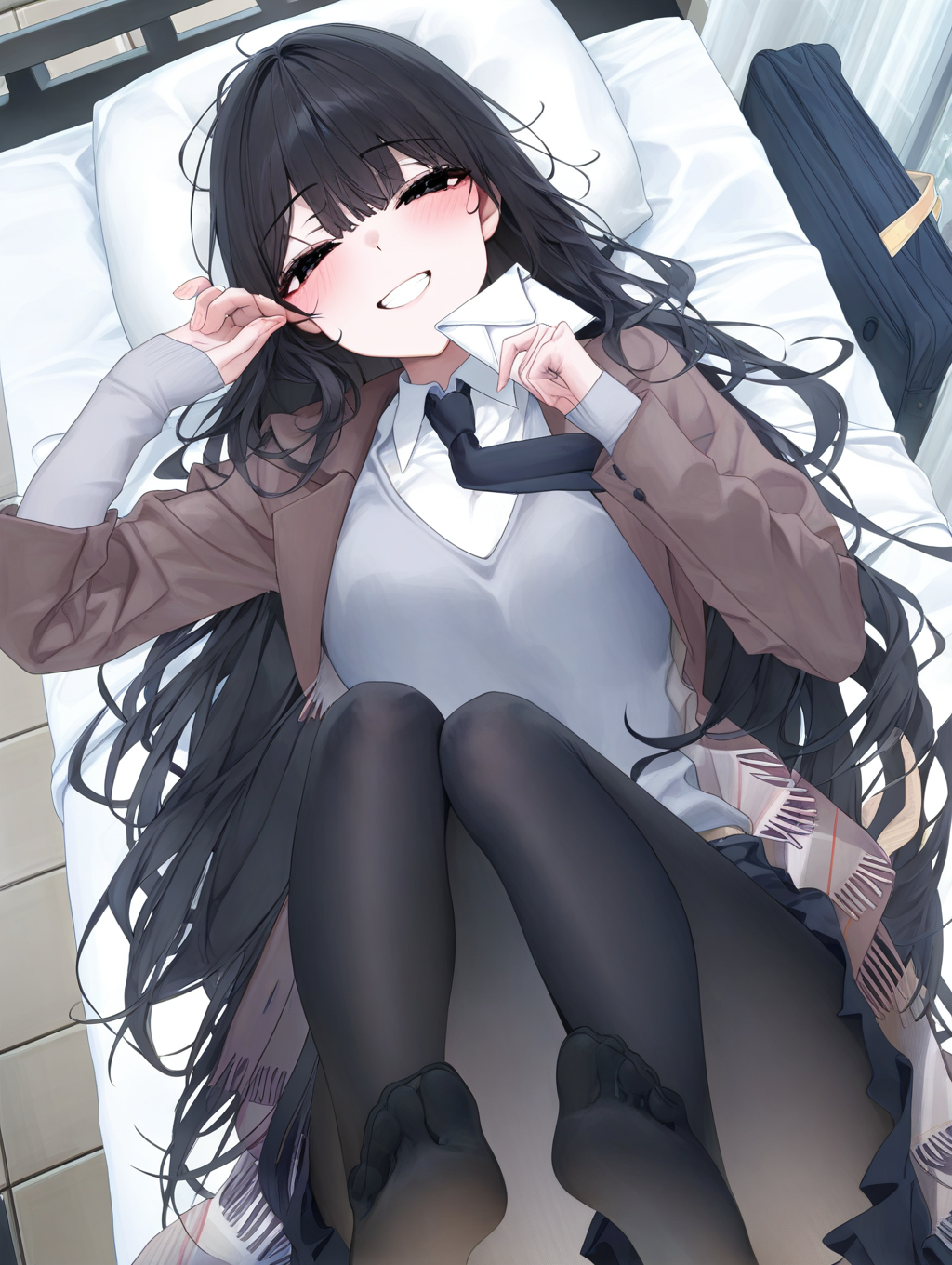 masterpiece,best quality,amazing quality,very aesthetic,absurdres,newest,scenery,<lora:yuhi kurokawa_ilxl_v1-000010:1>,yuhi kurokawa,1girl,solo,black hair,long hair,blush,school uniform, bag,skirt,black pantyhose,black eyes,brown jacket,white shirt,black necktie,lying,looking at viewer,on bed,teeth,smile,holding envelope,pillow,open clothes,scarf,feet up,