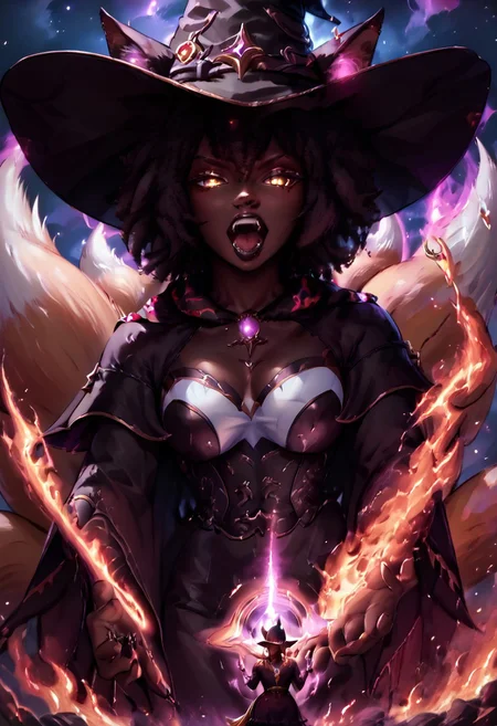 safe_pos, (score_9, score_8_up, score_7_up), 8K, (best quality:1.2),
((1girl)),
dark skin, black hair, perfect beautiful face, (very short round afro: 1.8), (((Kitsune)), (Fox ears:1.6), ((fox tail:1.6)), ((nine tails:1.6)), long fox tails), saddle brown tails:1.6, black fur tips: 1.6), glowing yellow eyes, cat pupils, open mouth showing teeth, fangs, seductive look, beautiful woman, giantess, close up, 

large round breasts, tall torso, small round ass, 
black lipstick, silver jewelry, ornate necklaces with glowing purple gem stones, purple and black loosely laced shirt, goth outfit, black thigh high laced boots, white and gold corset, tight black leather skirt, black finger nails, black leather boots, (witch hat:1.4), purple flames, (Spell rings, (dark aura)), black fire, black hole in hands, holding black holes, (dark forest theme), 
out of focus luminous fire in background