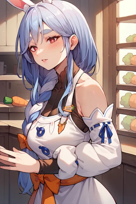 score_9, score_8_up, score_7_up, uncensored, source_anime, 1girl, mature female, <lora:sppekomamadefXLPony:1> pekomamadef, thick eyebrows, bunny-shaped pupils, rabbit ears, animal ear fluff, apron, dress, detached sleeves, bow, carrot hair ornament