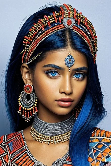 close-up photographic portrait of woman with strikingly vibrant blue-silver eyes. Supe shoulders showing. The face should, intricate, tribal-inspired art, patterns, reminiscent of beadwork and ceremonial embellishments, scheme, rich reds, oranges, blues --ar 2:3