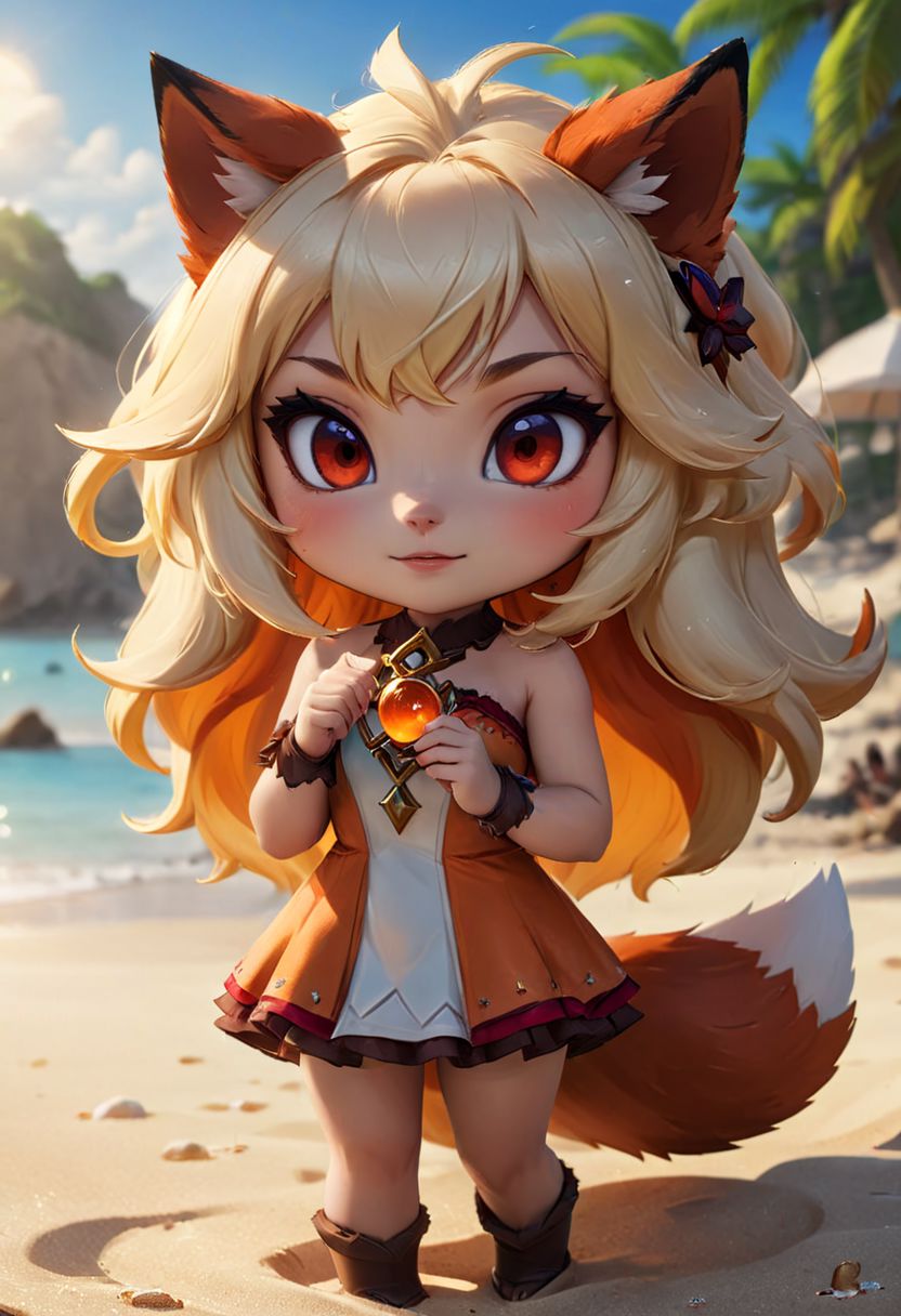 furry fox girl, ((brown fox)), (chibi), 
bad fox, with red big eyes,  beach,
(orange) dress, portrait, long blonde hair,
Hyperrealistic art high-quality portrait flat matte drawing of a cute Nendoroid and cartoon style, anime flat style, thick drawing, medium close-up", (solo:1.2), photorealistic:1.5, 8k, texture skin, realistic skin, detailed skin, highest detailed, extreme detailed, 8k wallpaper, colorful, (dark magic), ring with the stone, (intricate details), (hyperdetailed), 8k hdr, high detailed, lot of details, high quality, soft cinematic light, atmospheric perspective (focus on), color Ink wash painting, Extremely high-resolution details, photographic, realism pushed to extreme, fine texture, incredibly lifelike,