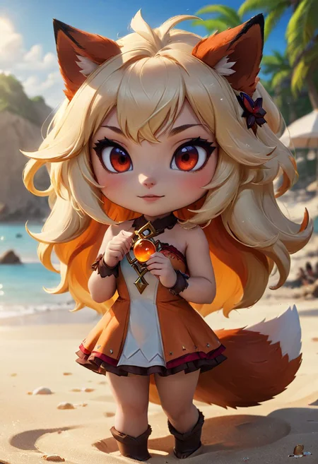 furry fox girl, ((brown fox)), (chibi),
bad fox, with red big eyes, beach,
(orange) dress, portrait, long blonde hair,
Hyperrealistic art high-quality portrait flat matte drawing of a cute Nendoroid and cartoon style, anime flat style, thick drawing, medium close-up", (solo:1.2), photorealistic:1.5, 8k, texture skin, realistic skin, detailed skin, highest detailed, extreme detailed, 8k wallpaper, colorful, (dark magic), ring with the stone, (intricate details), (hyperdetailed), 8k hdr, high detailed, lot of details, high quality, soft cinematic light, atmospheric perspective (focus on), color Ink wash painting, Extremely high-resolution details, photographic, realism pushed to extreme, fine texture, incredibly lifelike,