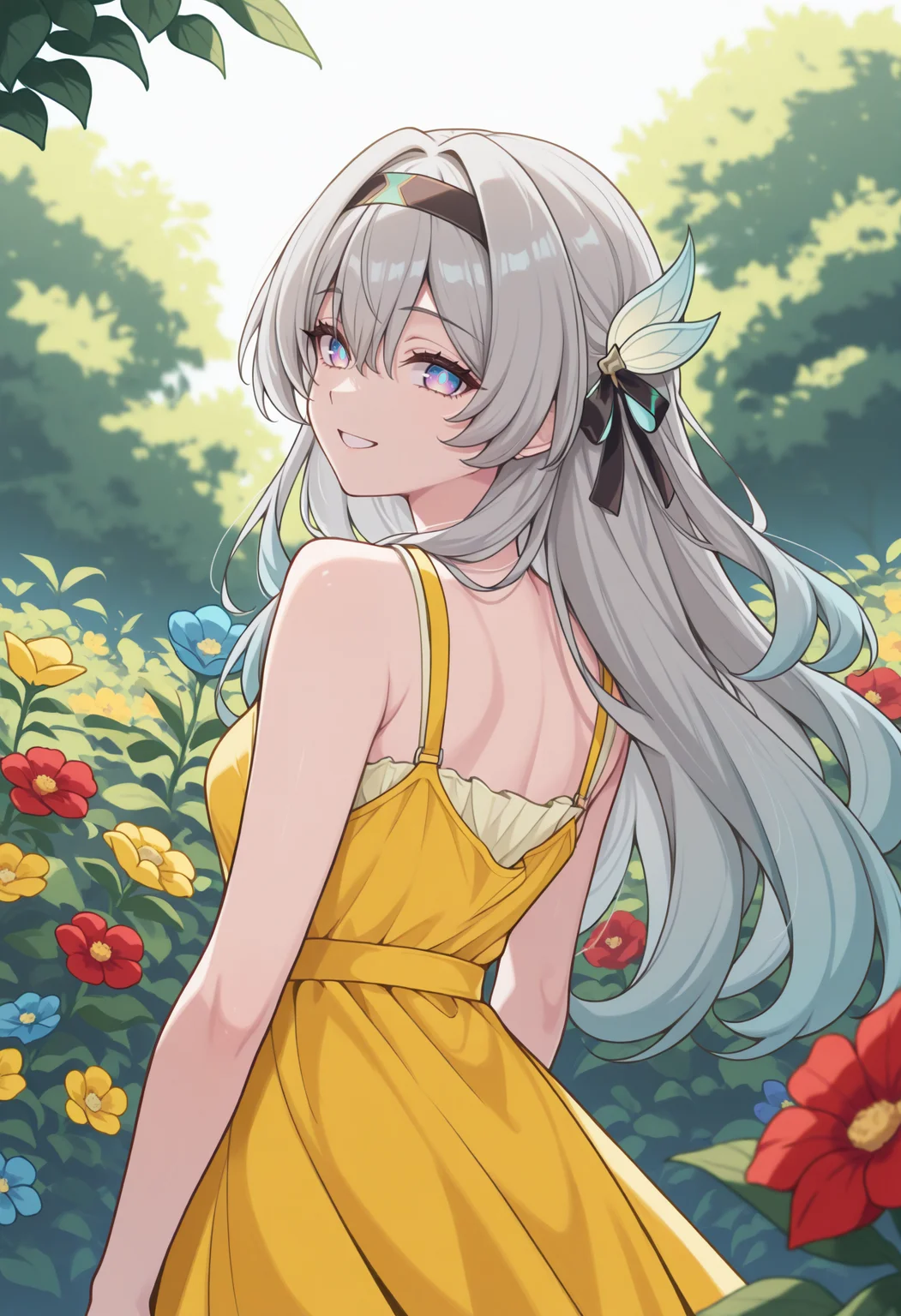 masterpiece, best quality, 1girl, solo, F1reflyHSR, blue pupils, purple eyes, blue eyes, grey hair, multicolored hair, long hair, black hairband, hair ornament, from behind, looking at viewer, yellow sundress, outdoors, garden, yellow flower, red flower, blue flower, smile, <lora:ChamFireflyIllustriousXL:1>