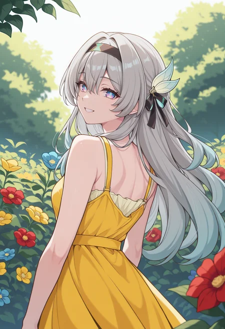 masterpiece, best quality, 1girl, solo, F1reflyHSR, blue pupils, purple eyes, blue eyes, grey hair, multicolored hair, long hair, black hairband, hair ornament, from behind, looking at viewer, yellow sundress, outdoors, garden, yellow flower, red flower, blue flower, smile, <lora:ChamFireflyIllustriousXL:1>