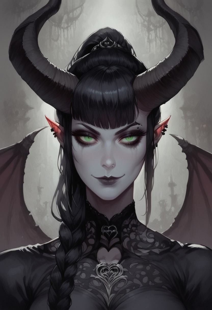 score_9, score_8_up, score_7_up, arts_angel. arts_angelstyle. Christian Angel. Christian Angel Style detailed_eye_model, BREAK, 1woman portrait, beautiful, dramatic lights ((Succubus, Demon Girl, Succub, horns, seductive, seductive look, goth, goth girl, goth makeup, green eyes, wings, bat wings grey skin, grey colored skin, black hair, long braided ponytail, bangs, side bangs, happy, smug))