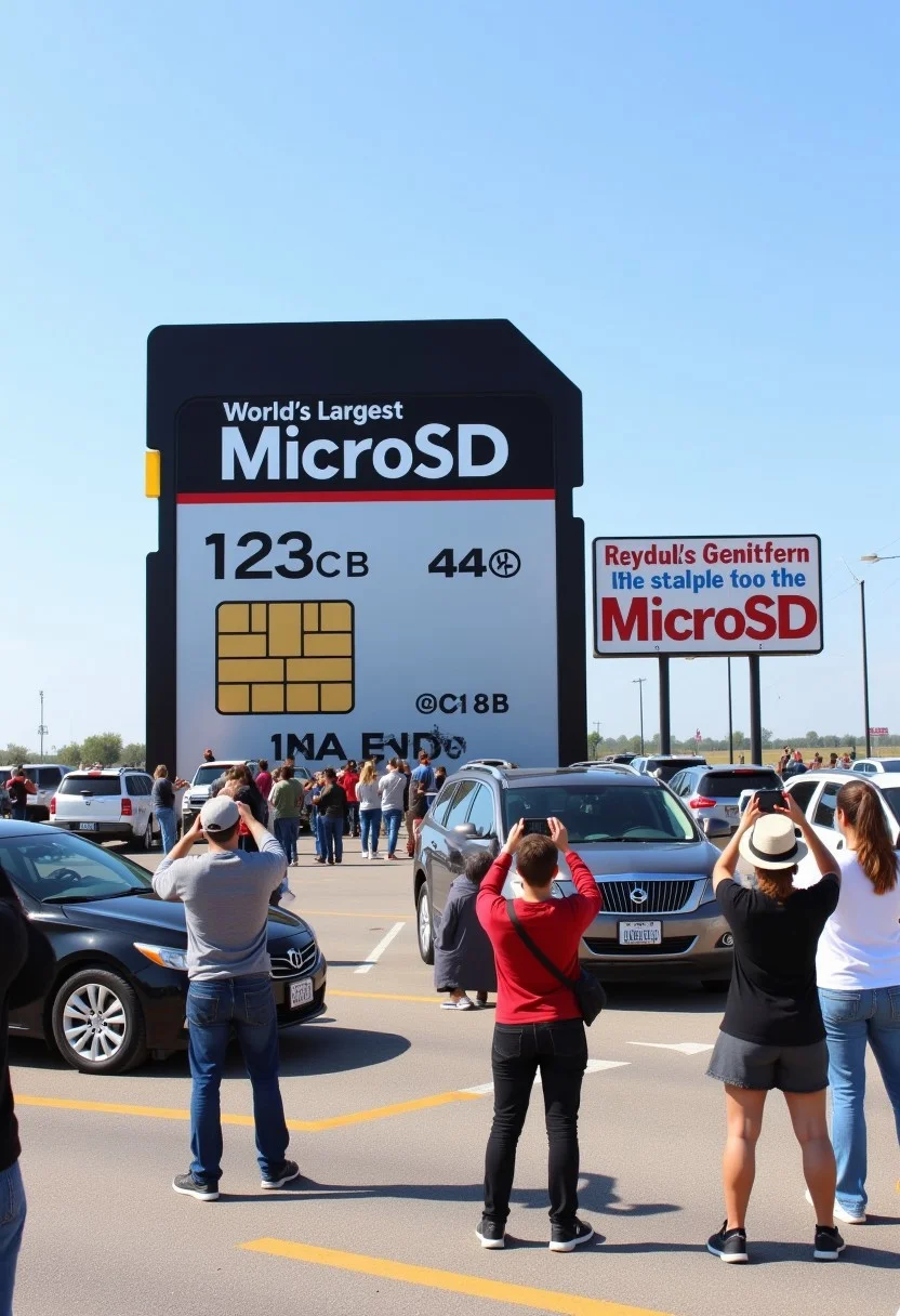 Photo depicting a surreal scene at a "world's largest MicroSD card" roadside attraction, along with people taking photos of it and cars parked near it. "There is a large sign that says "World's Largest MicroSD" next to it."