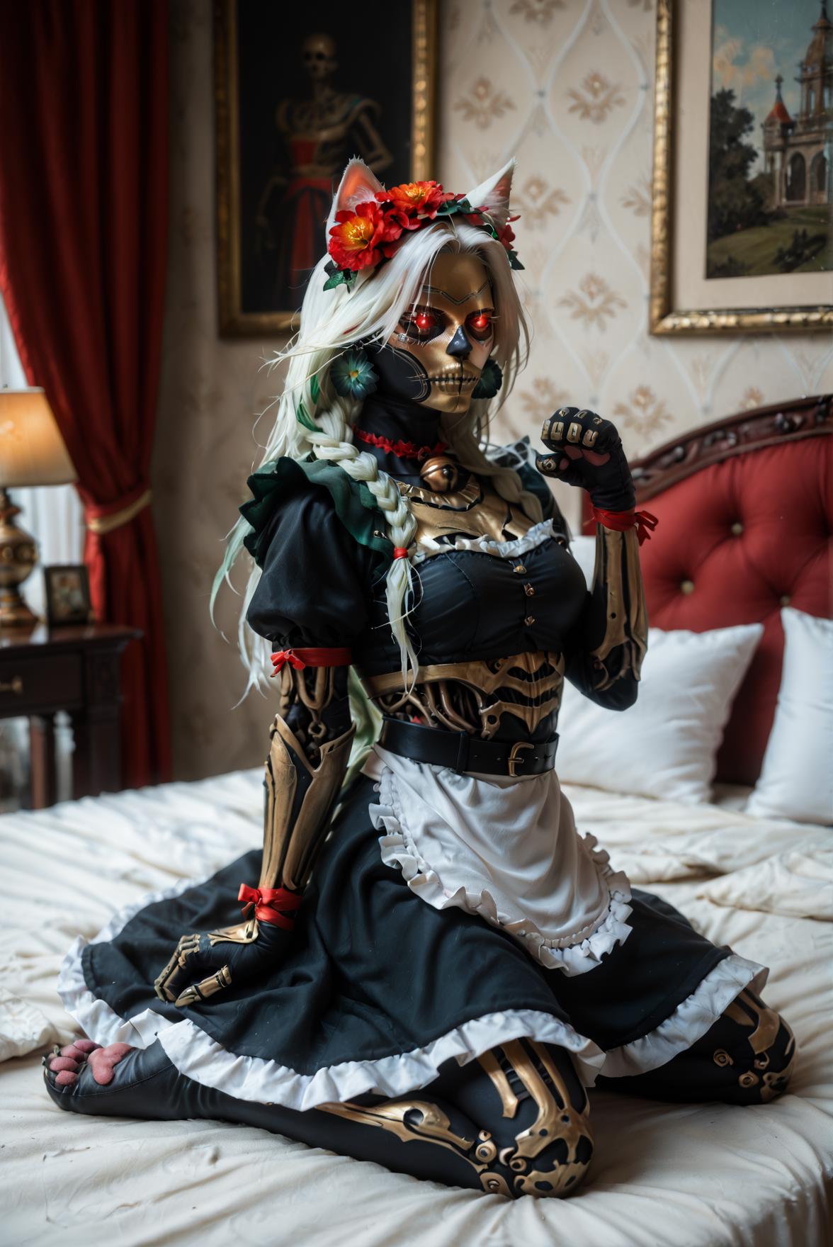 <lora:muerta_v1:0.8> , muerta_v1,
(green hair,white hair, long hair, one braid, three red elastic bands for hair,
three flower)
red eyes,  glowing eyes, 
mask, 
black skin, 
very big earrings, jewelry,
shoulder pads,skeletal ribs, gold armor, green cape, black gold gloves, short robe, black pants, red robe belt,  knee-high boots, score_9, score_8_up, score_7_up, solo, 
animal ear fluff, cat tail, cat girl, cat ears, blush, , paw pose, (maid), frilled maid dress, red chest ribbon, puffy short sleeves, ribbon-trimmed sleeves, ribbon trim, frills, too many frills, maid apron, frilled apron,jingle bell, black choker, frilled choker, neck bell, white paw gloves, pawpads, white stockings, print stockings, mismatched legwear, paw print,, indoors,bedroom,bed,red curtains,picture frame,white wall,chandelier,white bed sheet
blur censor, blurry, blurry background, blurry foreground, bokeh, motion blur,
chromatic aberration, depth of field, figure, focused,  focus
