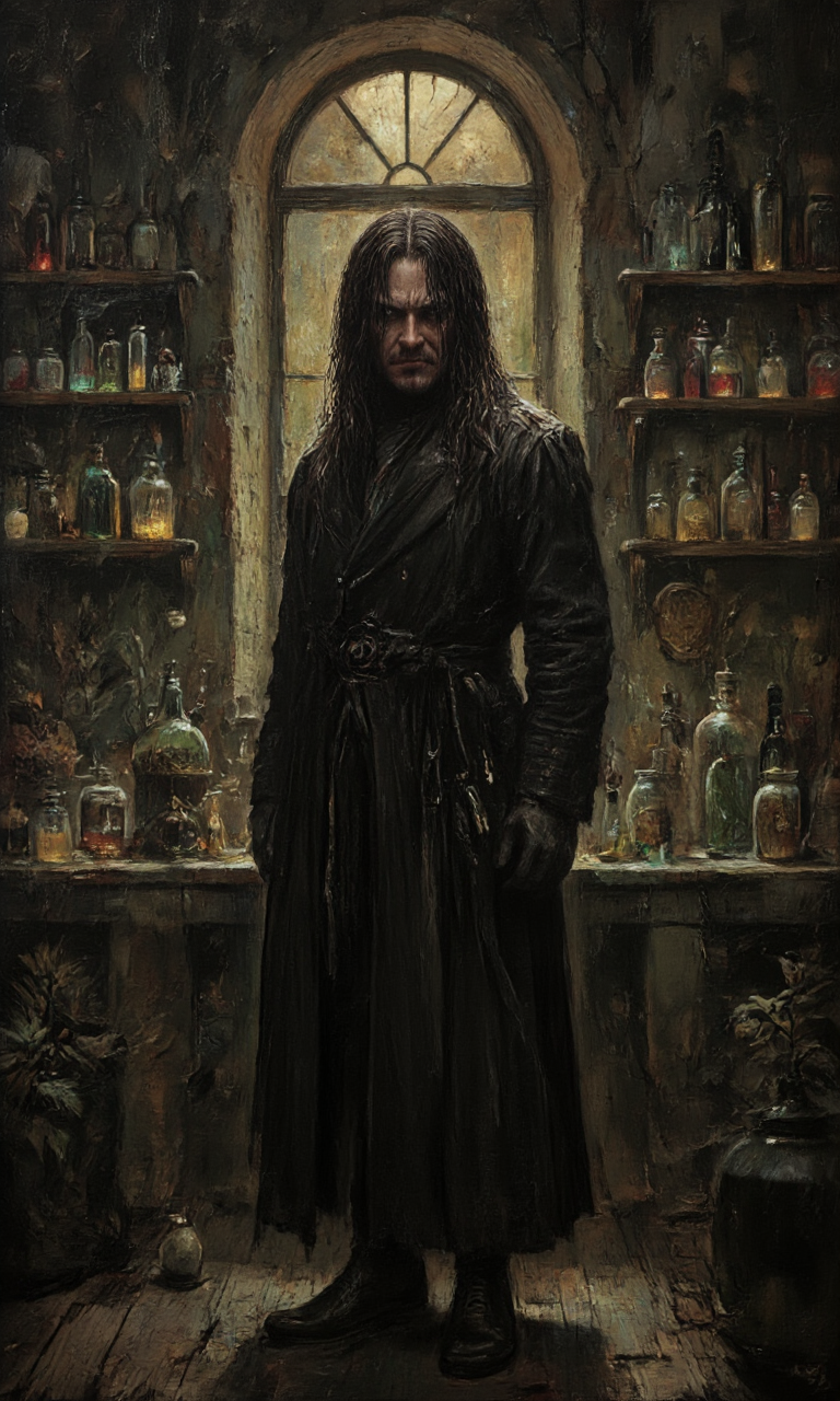 detailed, realistic painting depicting a dark, atmospheric scene set in what appears to be an old apothecary or alchemist's laboratory. The central figure is a man with long, dark hair cascading down his shoulders, giving him an ominous and mysterious appearance. He is dressed in a long, dark coat that drapes down to his ankles, suggesting a cold and gloomy environment. His expression is stern and contemplative, with a slight smirk, hinting at a sense of power or knowledge.
The background features shelves lined with various glass jars and bottles filled with colored liquids, indicating the presence of herbs, potions, and possibly dangerous substances. The jars are of different sizes and shapes, with some having labels or markings, adding to the sense of mystery and experimentation. The lighting is dim, casting long shadows and creating a moody, almost sinister ambiance. A large, arched window in the background allows some light to filter in, illuminating the scene with a soft, diffused glow, enhancing the dramatic effect.
The painting style is highly detailed, with rich textures and a deep, almost velvety, palette dominated by dark browns, blacks, and muted greens, contributing to the overall dark and foreboding atmosphere., aidmaimageupgrader, aidmamj6.1,
