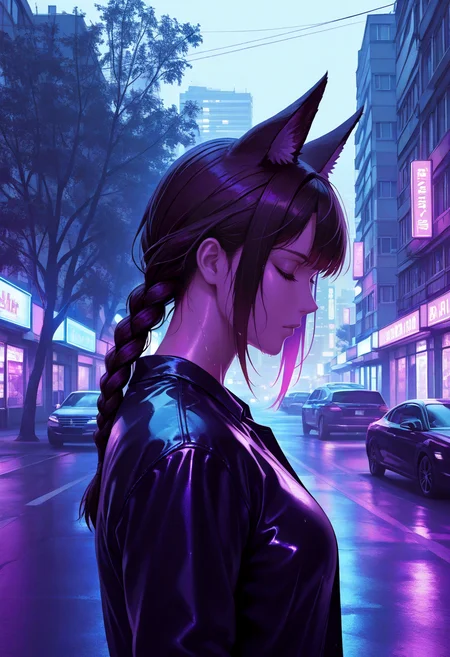 neonpunk style cityscape shot with (masterpiece), (best quality), (ultra-detailed), looking at viewer, (muscular legs:0.9),
<lora:dark_v1.9-pony:0.9> dark theme,<lora:NOOB_vp1_detailer_by_volnovik_v1:1.4> <lora:ebenya:0.8> ebenya, building, outdoors, city, rainy day in a small Russian town, overcast weather, wet trees, tree, 1girl, solo, night, 1girl, motor vehicle, ground vehicle, car, braid, animal ears, outdoors, solo, long hair, closed eyes, tree, night, brown hair, from side, bangs, sky, upper body, profile, road, single braid. Urban, skyline, architectural, dynamic . cyberpunk, vaporwave, neon, vibes, vibrant, stunningly beautiful, crisp, detailed, sleek, ultramodern, magenta highlights, dark purple shadows, high contrast, cinematic, ultra detailed, intricate, professional