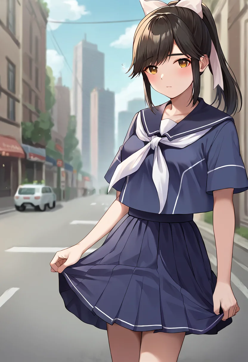 score_9, score_8_up, score_7_up, masterpiece, source_anime 1girl, ct_m4na, long hair, ponytail, hair bow, blue serafuku, blue sailor collar, white neckerchief, blue skirt, outdoors, city, depth of field, looking at viewer, <lora:Manaka Takane_Pony_ct_ver2:1>