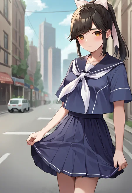 score_9, score_8_up, score_7_up, masterpiece, source_anime 1girl, ct_m4na, long hair, ponytail, hair bow, blue serafuku, blue sailor collar, white neckerchief, blue skirt, outdoors, city, depth of field, looking at viewer, <lora:Manaka Takane_Pony_ct_ver2:1>