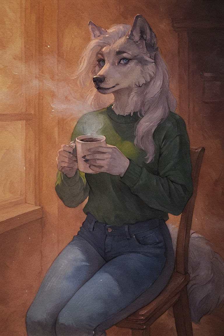 masterpiece, best quality, highres, newest, traditional media, realistic, watercolor \(medium\), anthro, furry, wolf, white fur, long hair, white hair, blue eyes, green sweater, long sleeves, blue jeans, holding cup, coffee cup, 1girl, solo, looking at viewer, cowboy shot, sitting, on chair, indoors, cafe <lora:OIS - Red Lion [LoRA] - NoobAI-XL EPS 1.0:0.8>