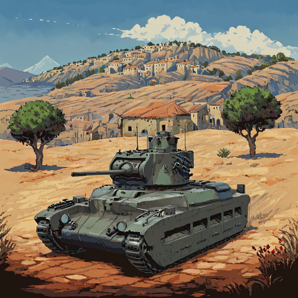 During the Battle of Greece, a mtldtnk tank moves through the mountainous terrain, its path winding through olive groves and past traditional stone houses. The scenic beauty of the Mediterranean contrasts with the tank's military purpose, underscoring the diverse theaters of war  ((pulp_comic, heavy_lines, hand_drawn, hand_inked, hand_colored, perfect_face, apxlz))