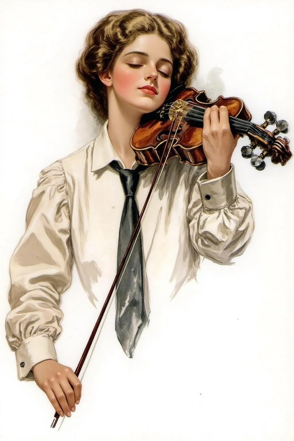 hafisher1 illustration.
A young woman playing a violin with eyes closed.. She has curly, light brown hair styled in loose waves. She is dressed in a high-necked, long-sleeved white blouse with puffed sleeves, and a black tie.
<lora:hafisher1_cap_d6a3e12:1.0><lora:829844792050689355:0>