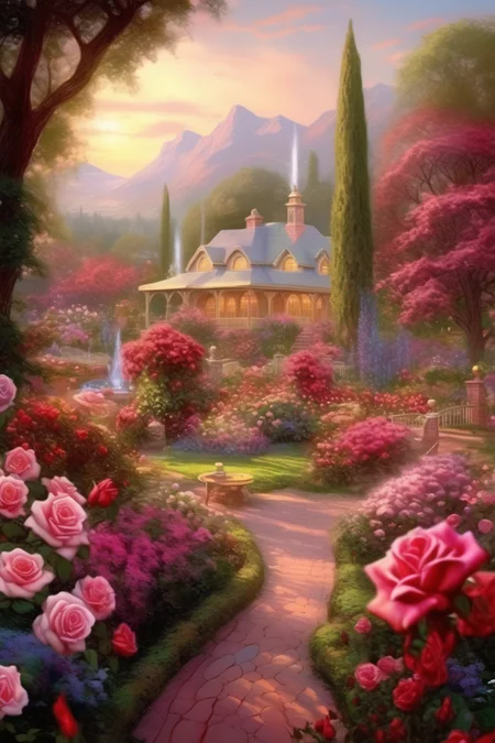 <lora:Thomas Kinkade Style:1>Thomas Kinkade Style - Thomas Kinkade style portrait of a Rose garden with beautiful scenery. Highly detailed
