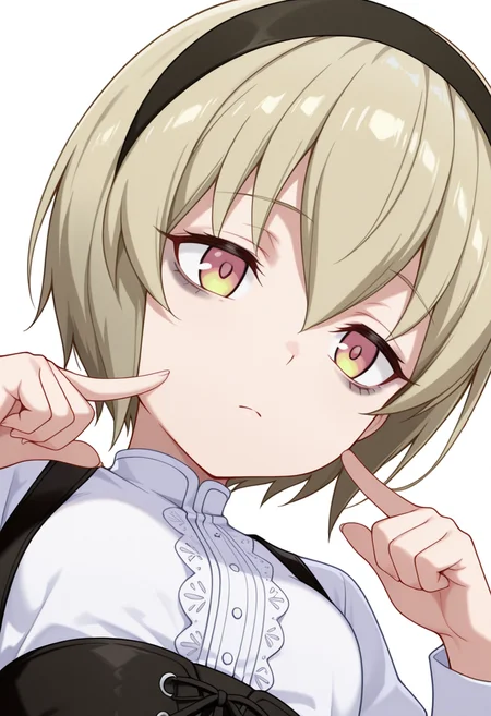 Smooth Quality,masterpiece,very intricate, high quality details, ultra realistic, high detailed skin,detailed enviorement,absurdres,
pointing at self,
<lora:Pekora_CNR:0.8> pekora_cnr, 1girl, blonde hair, short hair, bangs, yellow eyes, multicolored eyes, shiny hair black hairband,bags under eyes,, exhausted,, simple background, white background, from below,solo,, waistcoat, ,lace-up top, ,high-waist skirt, ,
