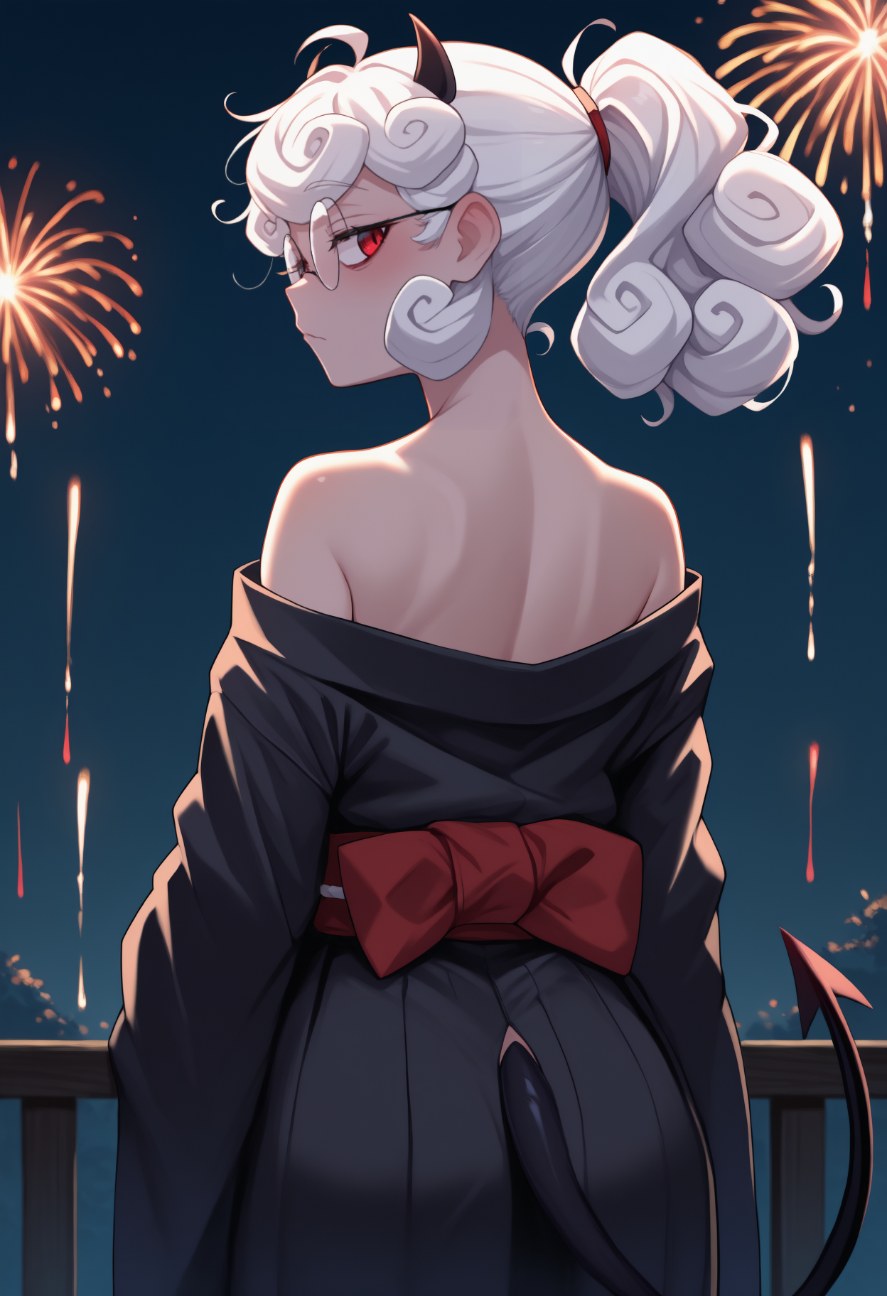 anime, masterpiece, best quality, newest, from behind, solo, 1girl, pand3mon1ca, black tail, demon tail, tired, looking back, white hair, curly hair, ahoge, ponytail, black horns, demon horns, red eyes, round eyewear, glasses, japanese clothes, black kimono, off shoulder, red sash, bare shoulders, outdoors, night, fireworks
<segment:yolo-face_yolov8m.pt,0.4,0.5//cid=1>