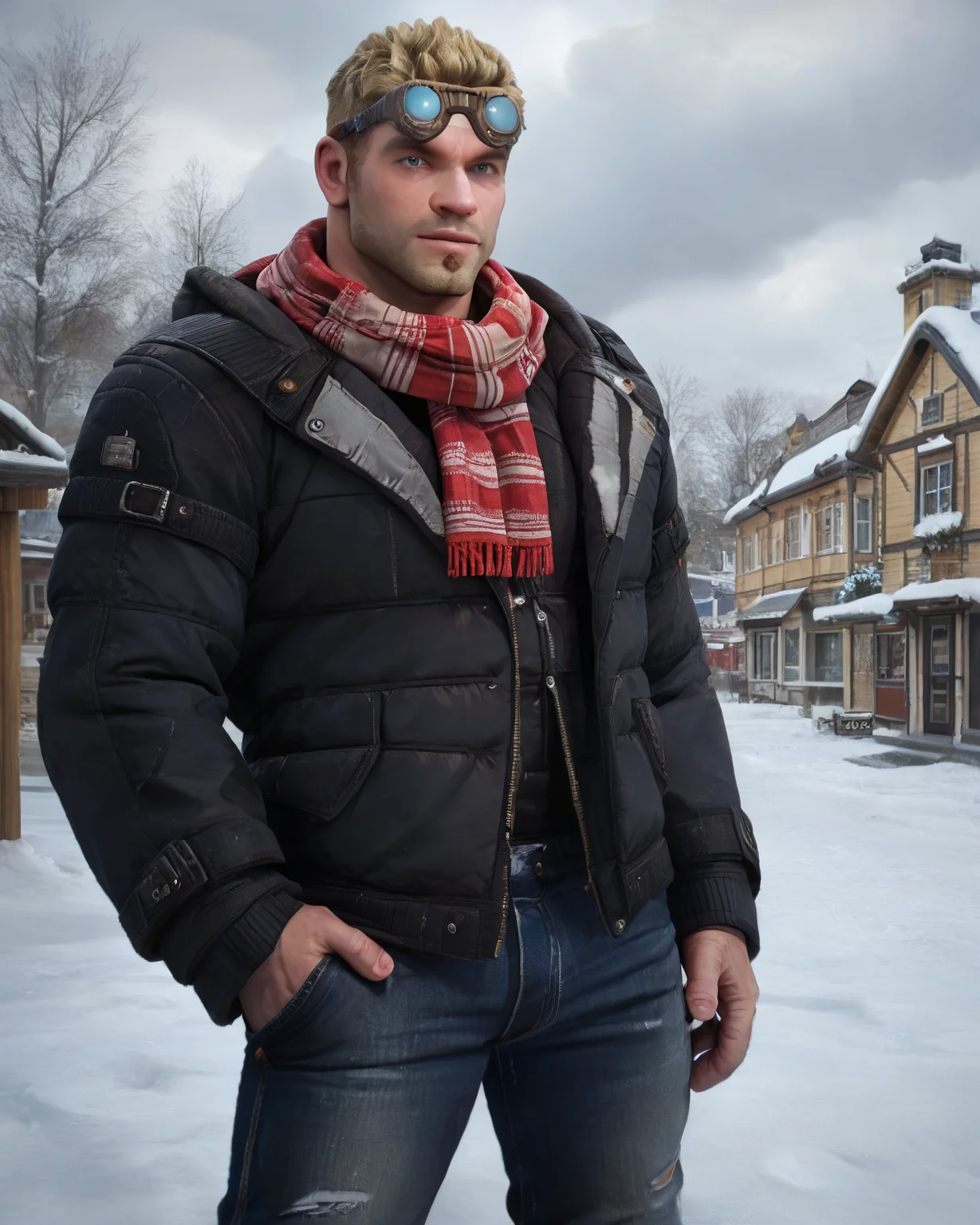 1man, male, damon_baird, winter jacket, jeans, scarf, goggles, goggles on head, (town, winter, snow, cloudy), blonde hair, looking at viewer, muscular, blue eyes, beard <lora:Damon_Baird_PonyXL-13_Test:0.9>, score_9, score_8_up, score_7_up,