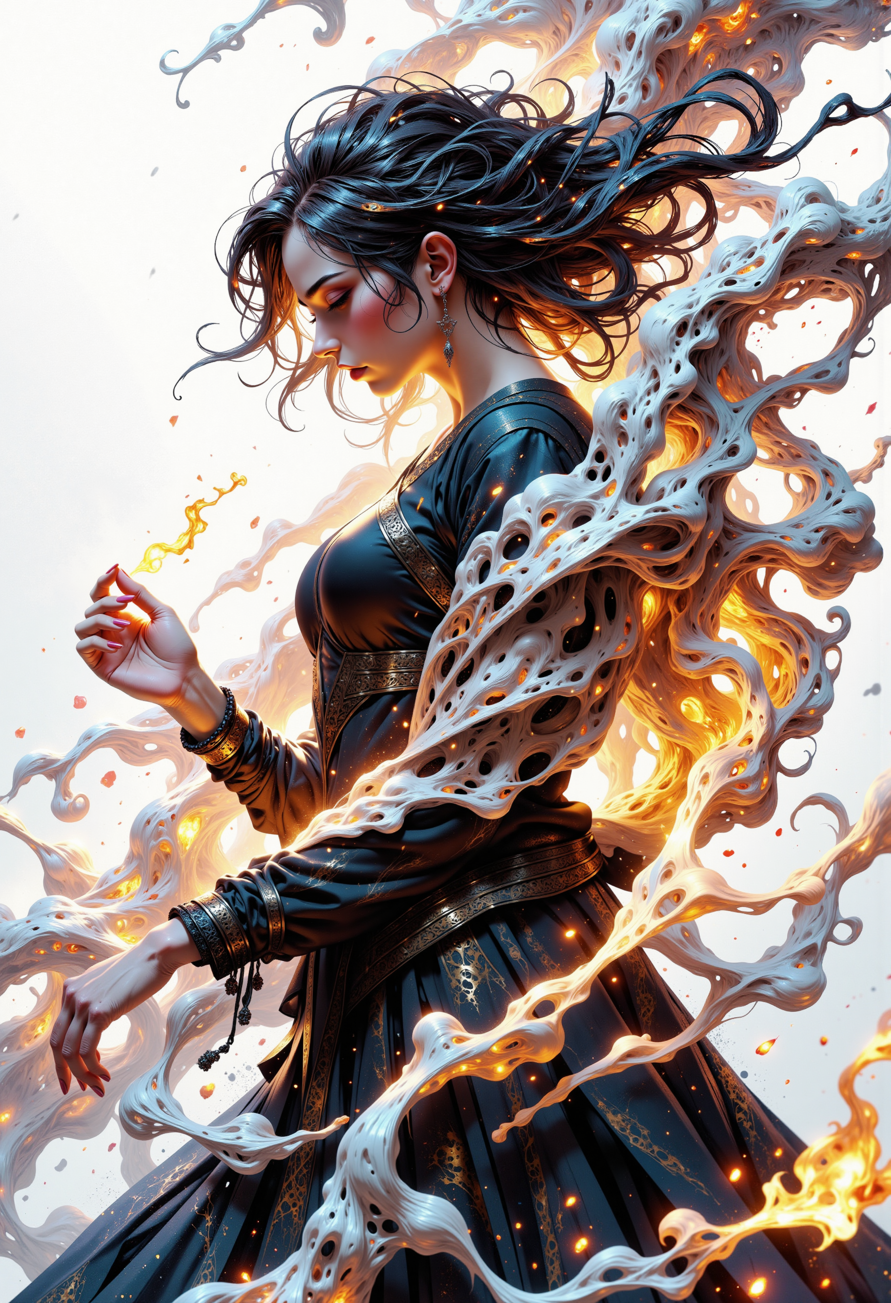 A Dynamic, colorful and full of movement, expression and sentiment hyper-realistic 3d anime version of A human figure partially emerging from swirling smoke . Background is completely white . Clothing and body are partially dissolving into ethereal smoke. Facial expression is calm and serene, eyes softly closed . Hairstyle is wild and disheveled, caught in wind with wisps of smoke . Figure positioned in an abstract, undefined space with swirling smoke patterns . Pose is graceful and balletic, arms extending with smoke trails following movement . Clothing details are ethereal wrappings glowing faintly, with glowing embers swirling around. Scene elements include mist taking abstract shapes . Style is impressionistic, abstract smoke movements. Lighting is dramatic, with rim lighting emphasizing silhouette. Background smoke-filled with faint hints of abstract geometric shapes. Smoke colors faint white, ghostly effect. Additional details subtle reflections, as if above water, with smoke trailing down.<lora:Flux/MysticFantasy.safetensors:1.0:1.0>