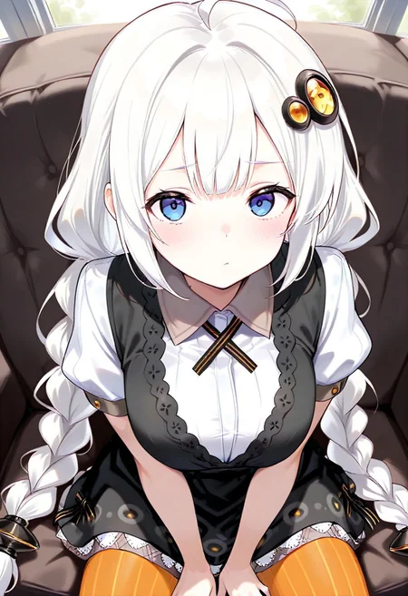 ((((((masterpiece)))))), ((((((best quality)))))), ((((((very aesthetic)))))), ((((((absurdres)))))),  masterpiece, best quality, absurdres, facing viewer, hair ornament, black dress, short sleeves, striped legwear, pantyhose, nsfw, 
1girl, Kizuna Akari, white hair, blue eyes, braid,