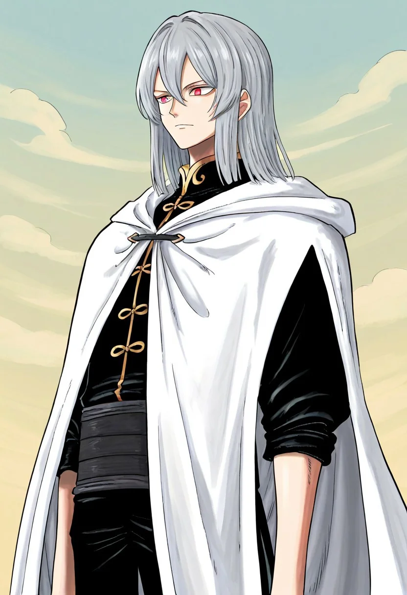 lazympos, 1boy, solo, male focus, grey hair, straight hair, medium hair, hair between eyes, red eyes, tousled hair, black clothes, black changshan, rolled sleeves, black pants, white cloak, cape
